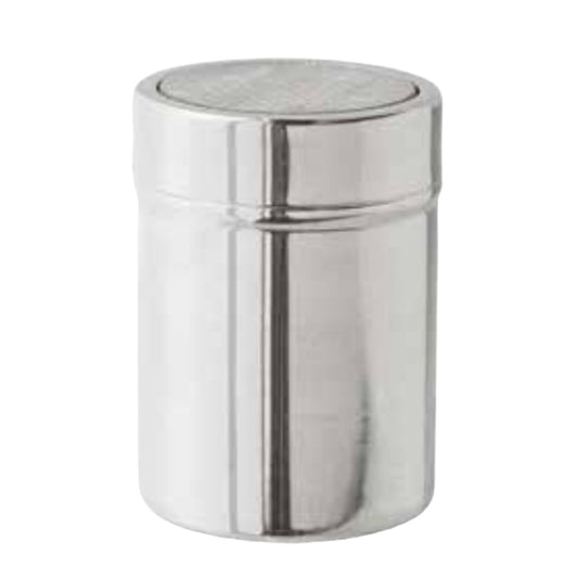 Fine mesh stainless steel shaker for baking, ideal for dusting confectioners sugar or cornstarch over fondant or pastry surfaces.