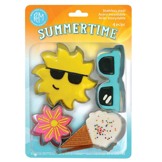 Summertime Cookie Cutter Set in packaging, featuring stainless steel cutters shaped like a sun, sunglasses, an ice cream cone, and a flower on a bright summer-themed background.