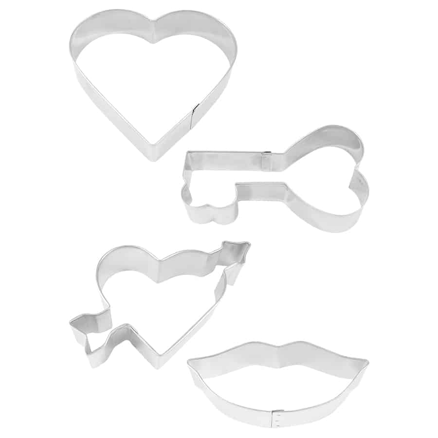 Four stainless steel cookie cutters shaped like a heart, lips, an arrow-pierced heart, and a heart key, displayed on a white background.