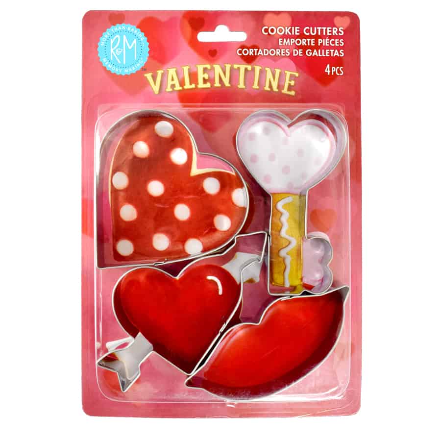 Valentine Cookie Cutter Set in retail packaging, featuring a heart, lips, heart with arrow, and heart key cookie cutters on a red background.