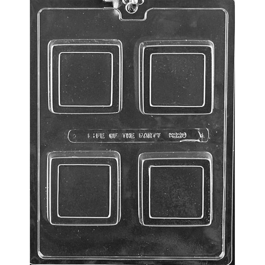 Four square frame bar chocolate mold with four 2 1/2 x 2 1/2 x 1-inch-deep cavities featuring bordered edges and smooth centers