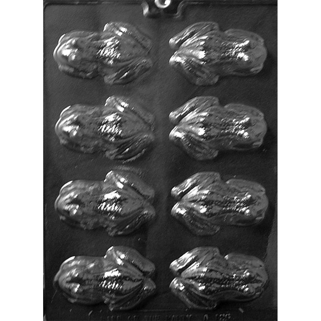 Clear plastic Frog Chocolate Mold with eight detailed frog cavities arranged in two columns of four, showing textured backs and tucked legs