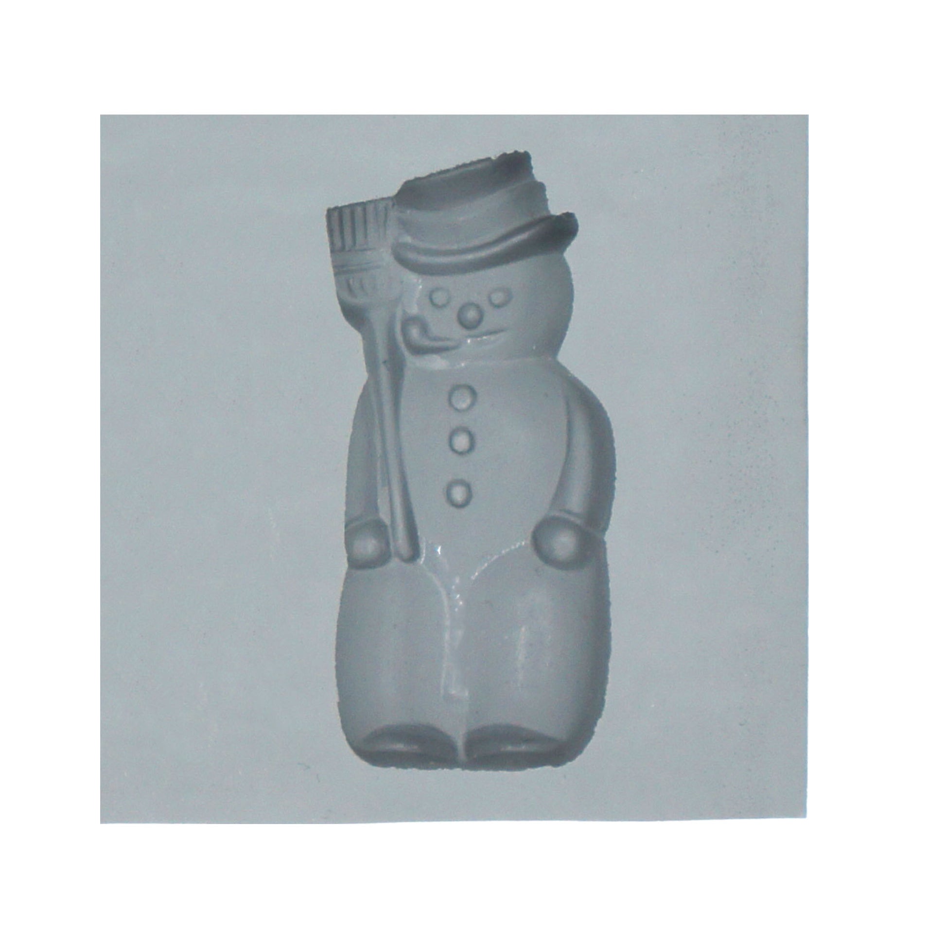 Close-up of large snowman rubber mint mold featuring classic details like top hat, buttons, broom, and pipe