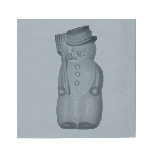 Close-up of large snowman rubber mint mold featuring classic details like top hat, buttons, broom, and pipe