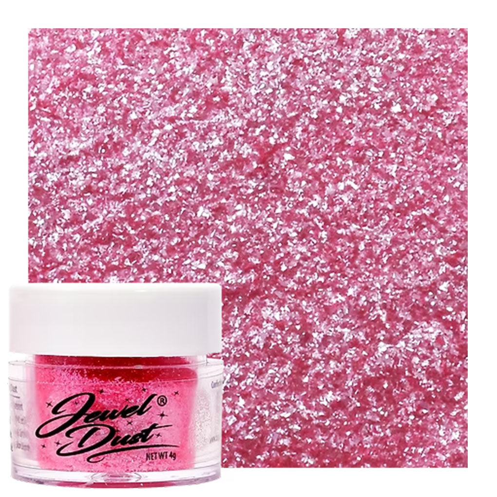 fuchsia Jewel Dust edible glitter jar with bright sparkle swatch for cakes, cupcakes, and desserts.