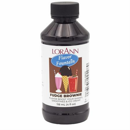 LorAnn Flavor Fountain Fudge Brownie flavoring in a 4 oz bottle for shakes, smoothies, and ice cream.