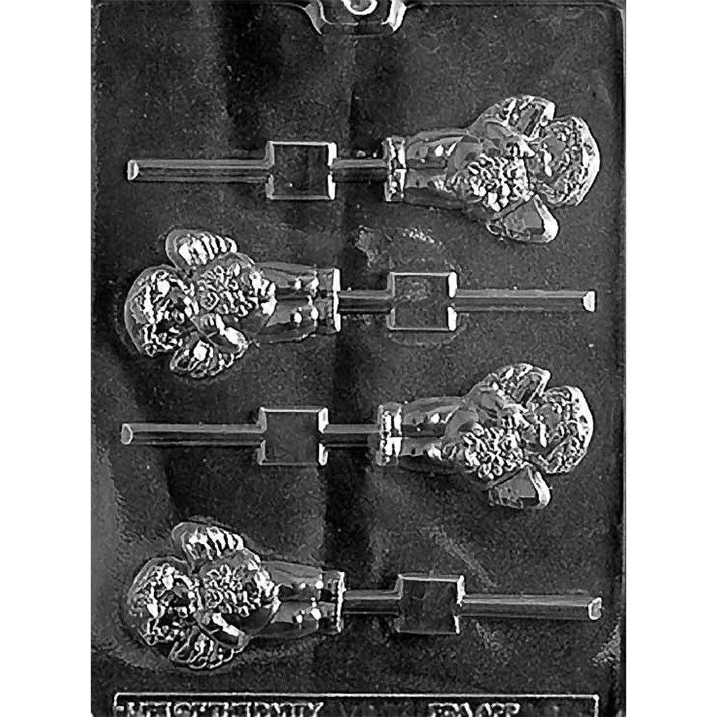Clear plastic chocolate lollipop mold with six full body cherub cavities showing a small winged cherub figure, with stick channels for making cherub chocolate pops.