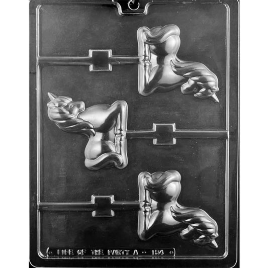 Clear plastic unicorn chocolate lollipop mold with three full-body unicorn cavities in a prancing pose, showing a horn, flowing mane and tail, and stick channels.