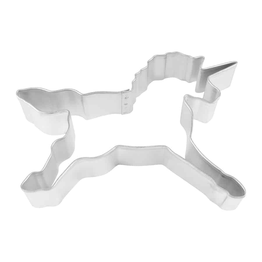 Metal unicorn-shaped cookie cutter with a galloping pose and a detailed mane and horn.