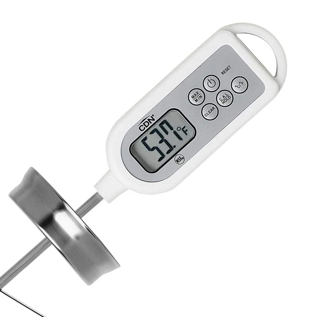 Close-up of the thermometer display reading 53.7°F with control buttons above and a metal clip attached to the probe.