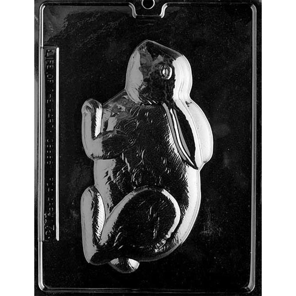 Clear plastic chocolate mold with one large crouching Easter bunny cavity featuring long ears, raised front paws, a curled hind leg, and textured fur.