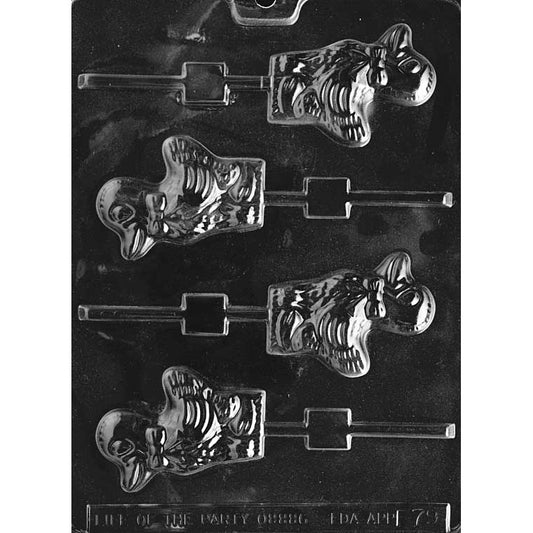 Clear plastic chocolate lollipop mold with four duckling cavities featuring raised feather-texture lines and a rounded head with a small beak, each cavity connected to a stick channel on a dark background.