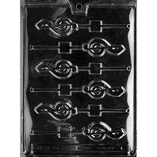 Six-cavity G-clef chocolate lollipop mold with treble-clef shapes, curved musical details, and molded channels for lollipop sticks