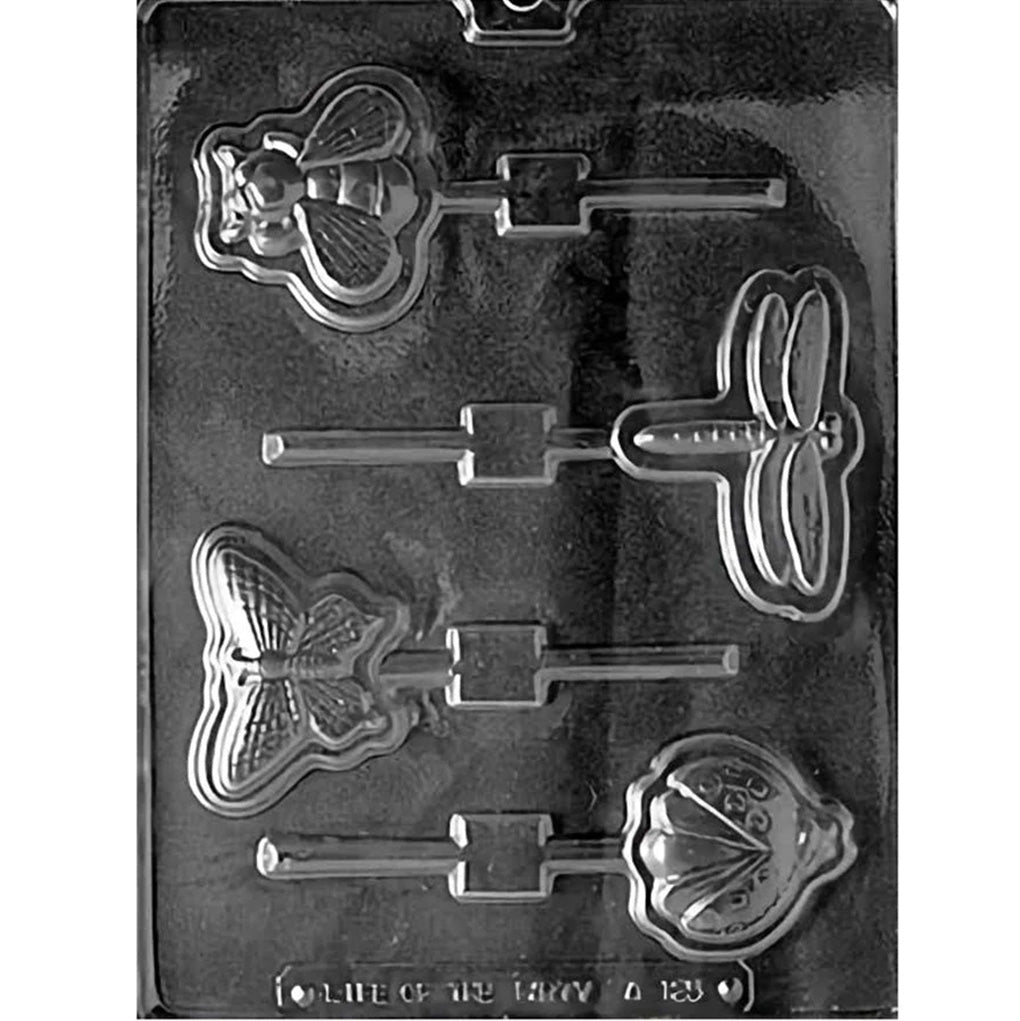 Clear plastic Garden Bugs Chocolate Lollipop Mold with four cavities shaped like a bee, dragonfly, butterfly, and ladybug, each with a stick channel