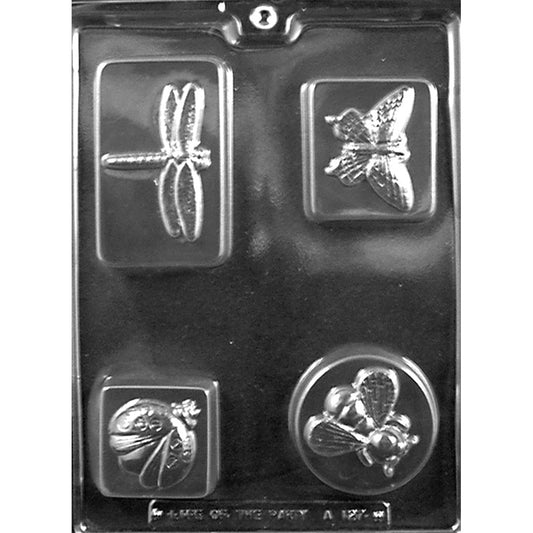 Clear Garden Bug Bars Chocolate Mold photographed against a black background with four large bar cavities featuring raised dragonfly, butterfly, ladybug, and bee designs.