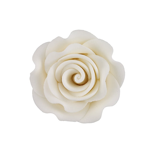 Ivory gum paste garden rose, 1.5 inches in diameter, with realistic petals and wire stem for cake decorating.