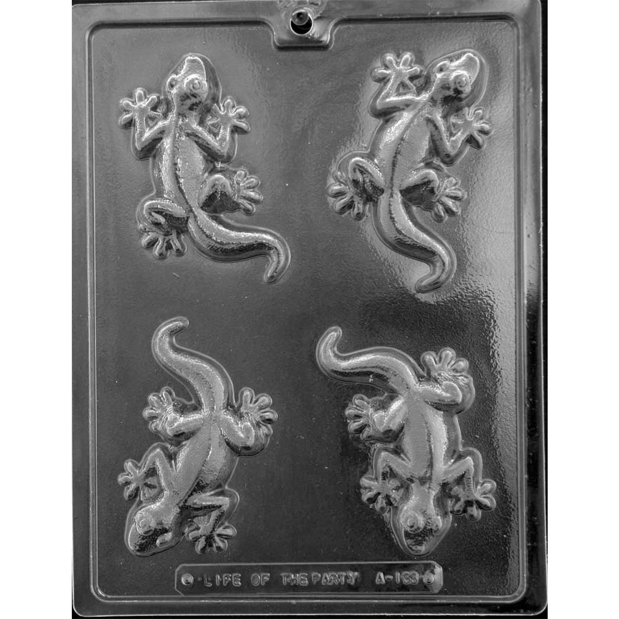 Clear plastic chocolate mold with four detailed gecko cavities featuring curved tails, rounded bodies, spread toes, and raised lizard features.