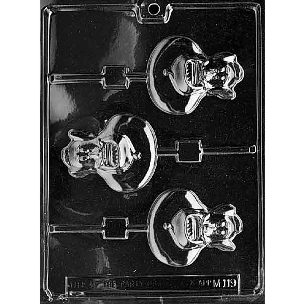 Clear plastic chocolate lollipop mold with three cartoon-style genie cavities featuring a turban, pointed beard, and rounded genie body.