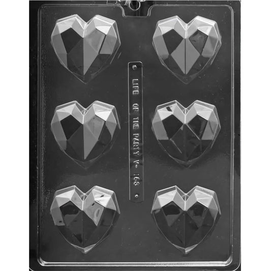 Clear plastic chocolate mold with six faceted heart-shaped cavities featuring sharp geometric planes for making modern heart chocolates and filled chocolate treats.
