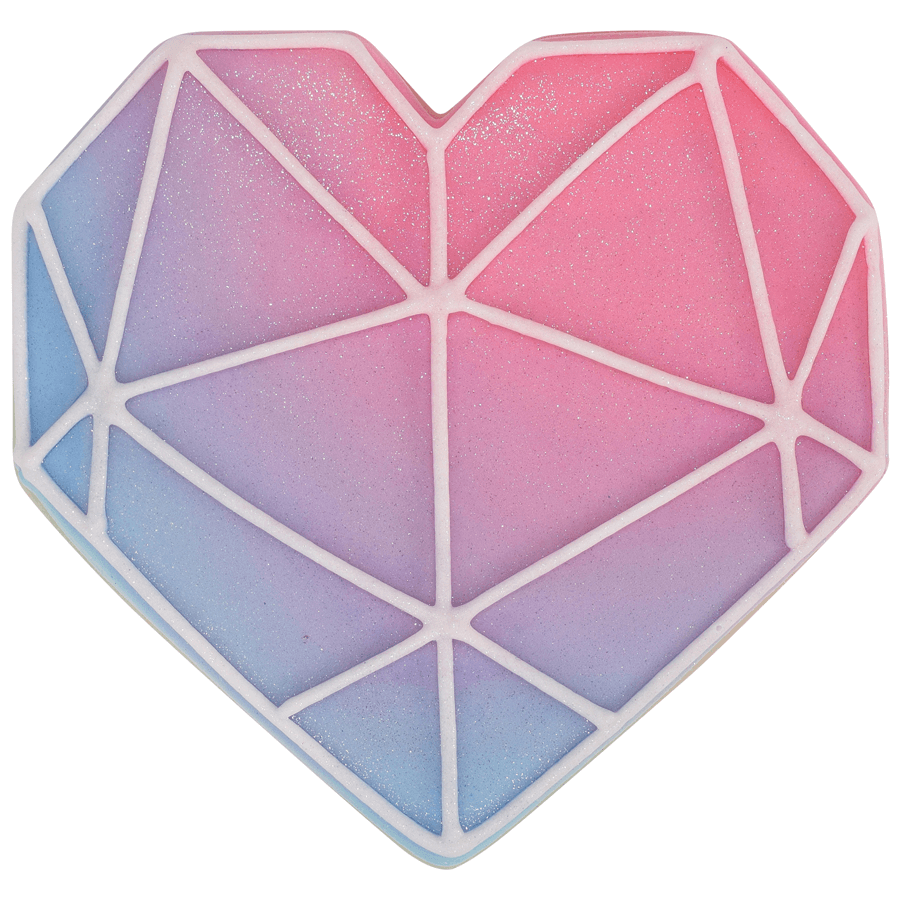 Decorated cookie featuring a geometric heart design with pink and blue ombré icing, white lines, and a shimmering finish.