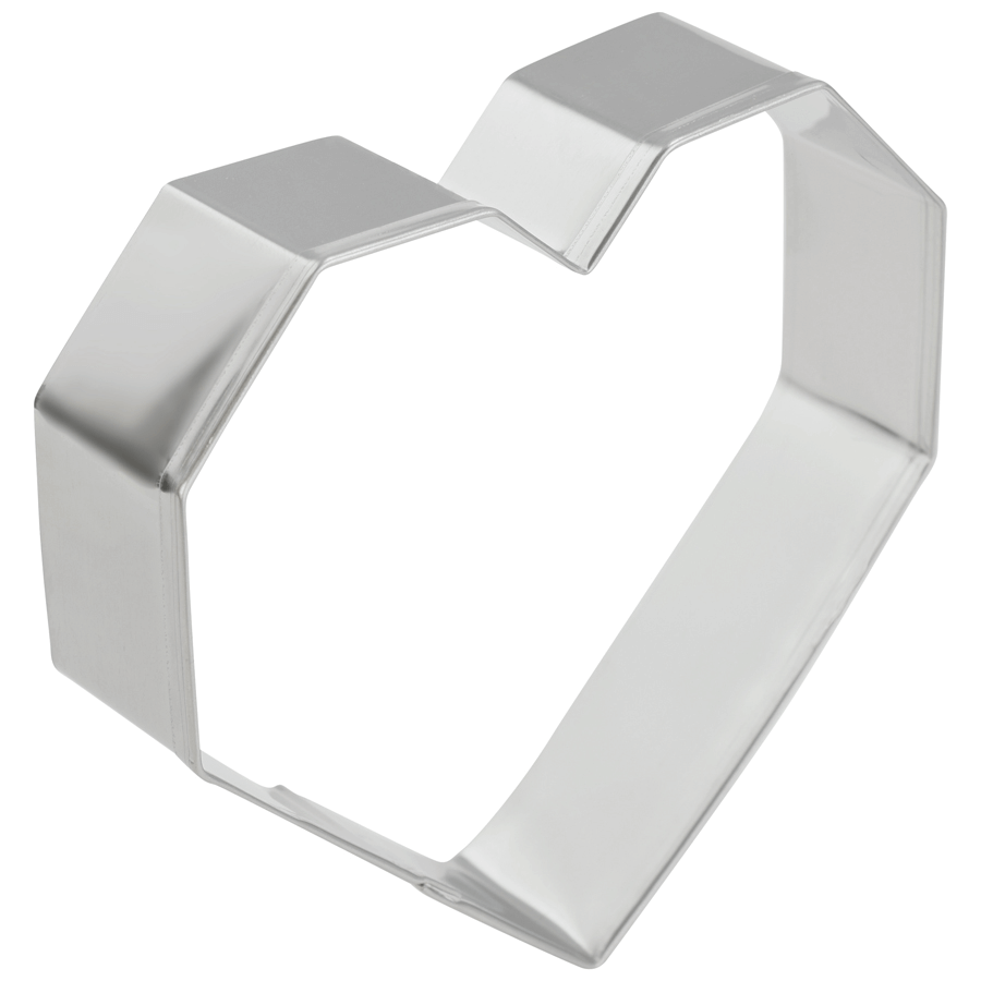 Angled side view of the geometric heart cookie cutter, highlighting its depth and clean edges.