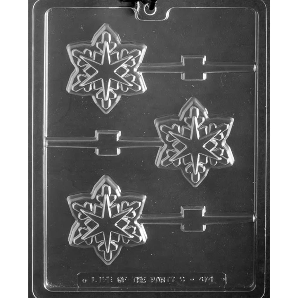 Clear plastic chocolate lollipop mold with three geometric snowflake cavities, each with sharp, layered points and a stick channel, on a dark background.