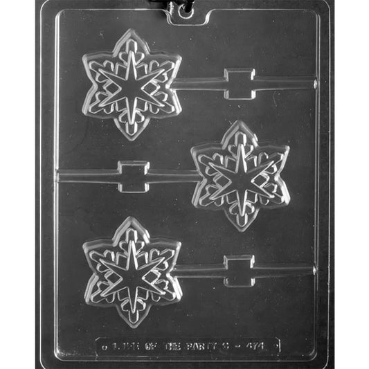 Clear plastic chocolate lollipop mold with three geometric snowflake cavities, each with sharp, layered points and a stick channel, on a dark background.