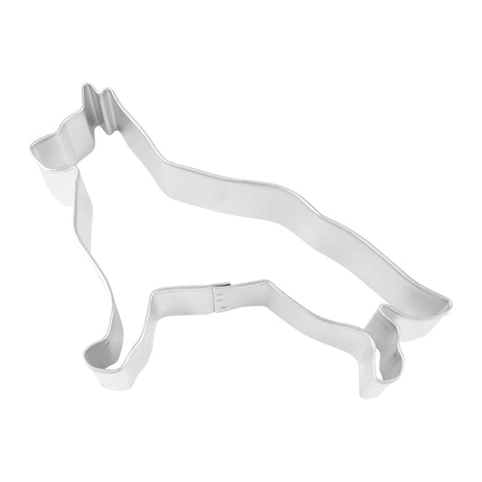 A metal German Shepherd-shaped cookie cutter featuring a standing dog silhouette with pointed ears, lying flat on a white background.