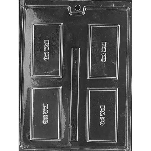 Clear plastic chocolate mold with four rectangular cavities, each featuring raised “Get Well” lettering, plus a long narrow cavity in the center, shown on a dark background.