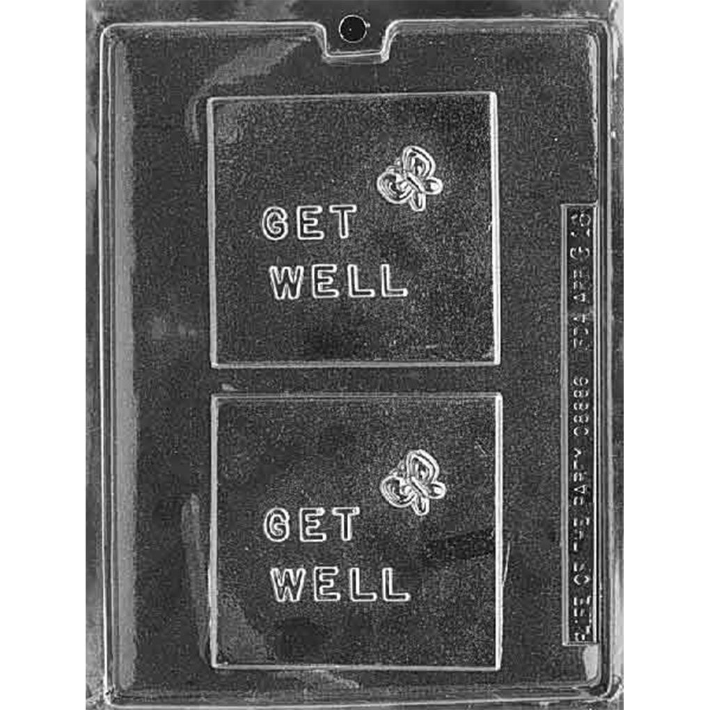 Get Well square bar chocolate mold with two 4 x 4 1/4 x 3/8-inch cavities, raised GET WELL lettering, and butterfly accents