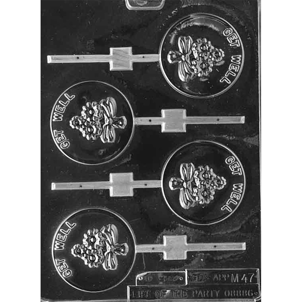 Four-cavity round Get Well chocolate lollipop mold with tied flower bouquets, measuring approximately 2 5/8 inches round x 1/8 inch deep