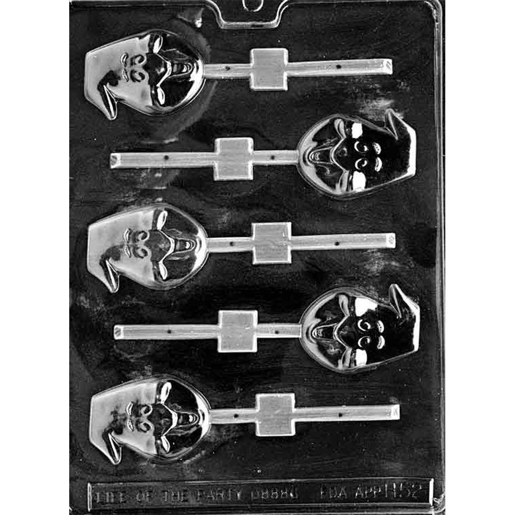 Clear Ghost Head Chocolate Lollipop Mold photographed against a black background with six spooky character head cavities featuring expressive faces and built-in stick channels.