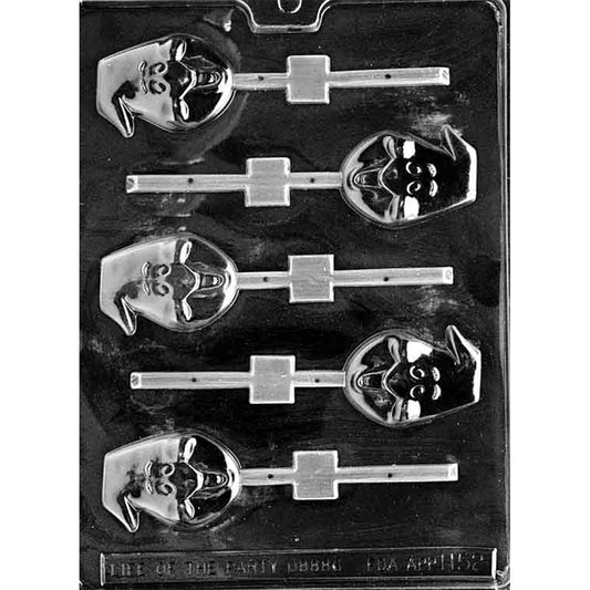 Clear Ghost Head Chocolate Lollipop Mold photographed against a black background with six spooky character head cavities featuring expressive faces and built-in stick channels.