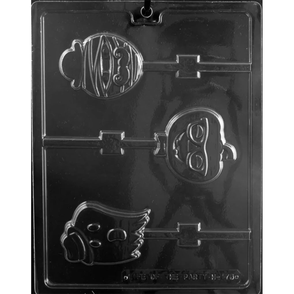 Clear plastic chocolate lollipop mold with three Halloween character cavities including a ghost, a pumpkin, and a mummy with a mustache and bowler hat.
