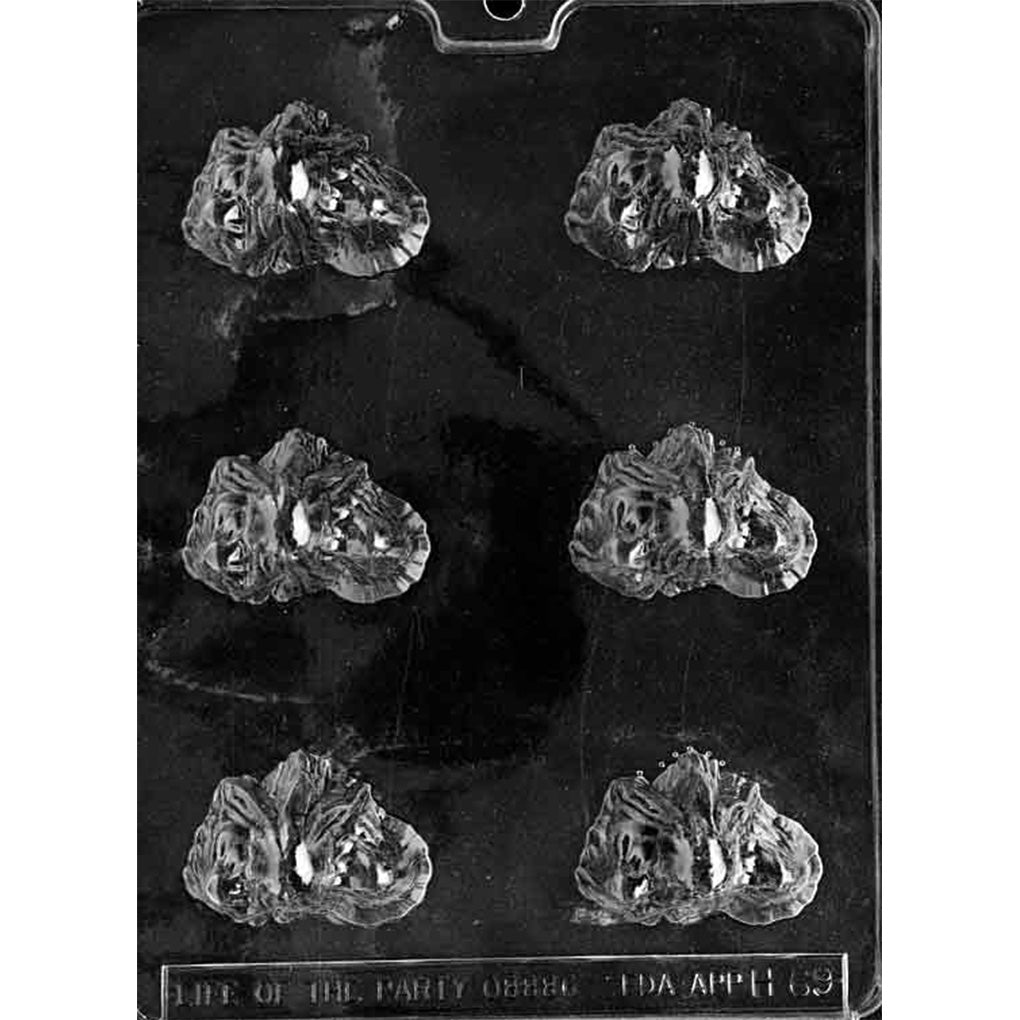 Clear plastic deep pour chocolate mold with six ghost-under-a-sheet cavities.