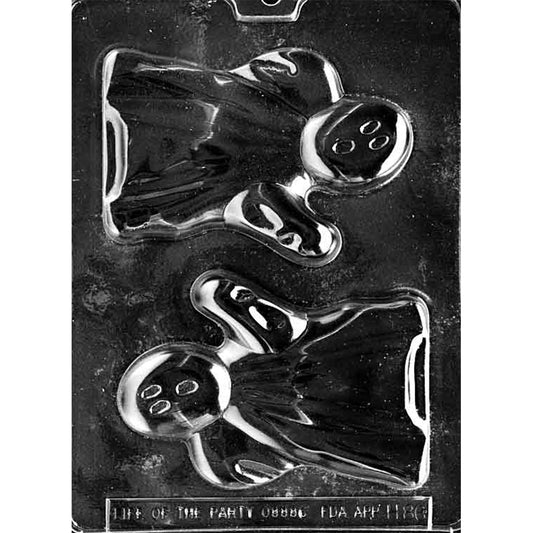 Clear chocolate mold with two large classic sheet ghost cavities featuring flowing shapes, raised arms, and simple oval eyes and mouths.