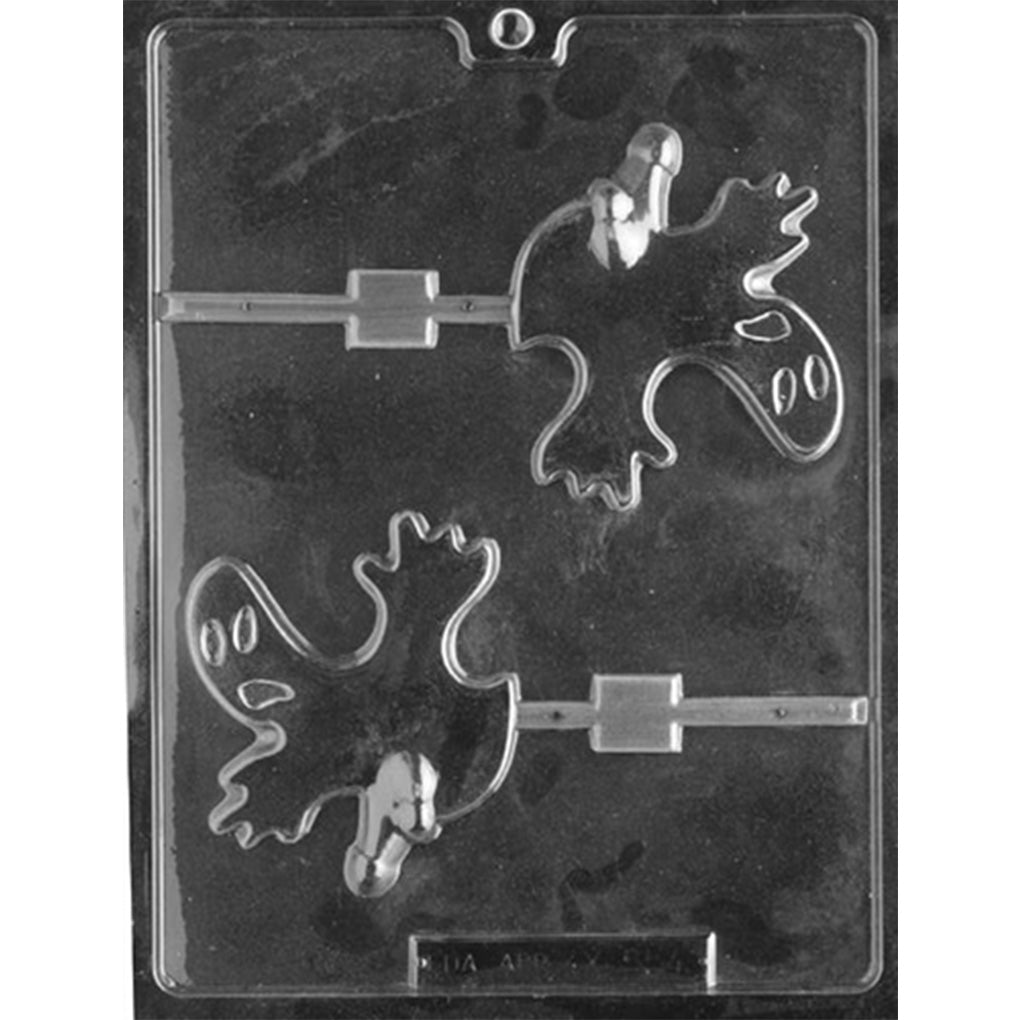 Clear Halloween ghost lollipop chocolate mold photographed against a black background, featuring two cartoon ghost cavities with wide eyes, raised arms, exaggerated male anatomy, and lollipop stick channels.