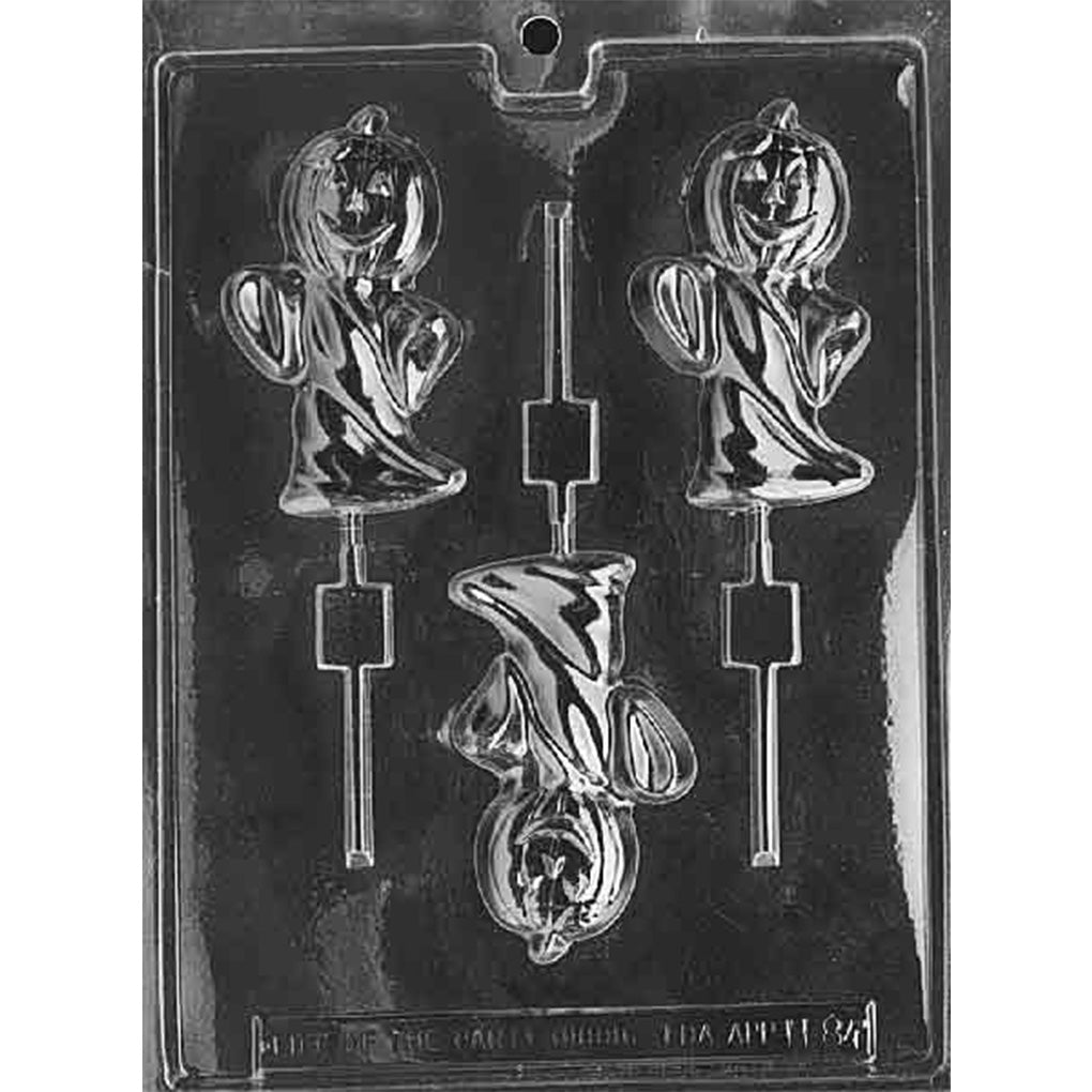 Clear Ghost With Pumpkin Head Chocolate Lollipop Mold with 3 cavities showing a ghost figure with a pumpkin head and built-in stick channels.