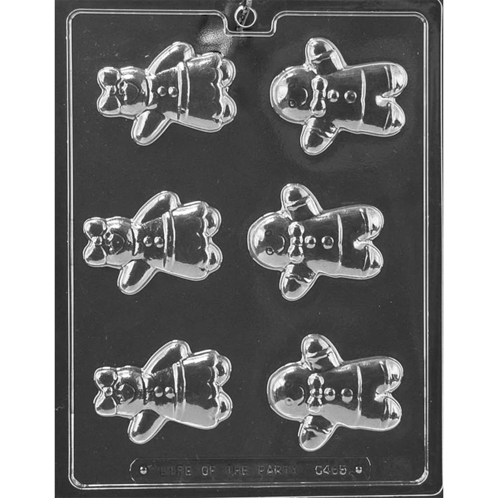 Clear plastic chocolate mold with six gingerbread character cavities, alternating gingerbread boy and gingerbread girl shapes with raised bow and button details.