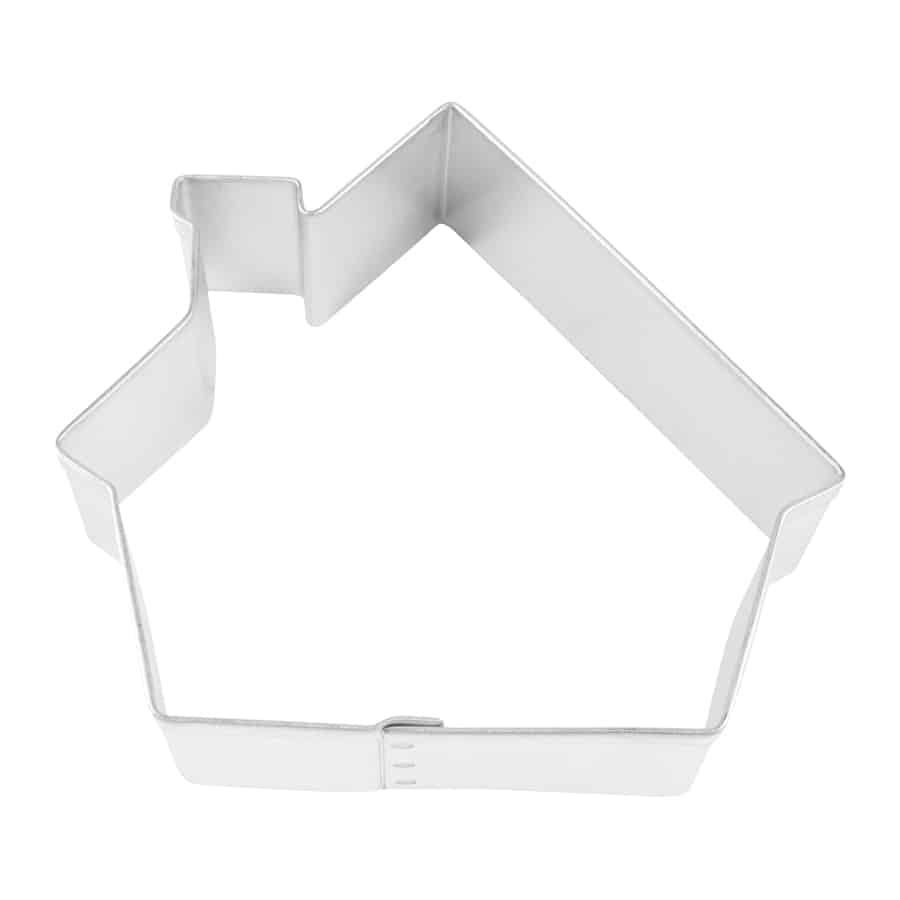 Metal gingerbread house-shaped cookie cutter with a chimney on the left side.