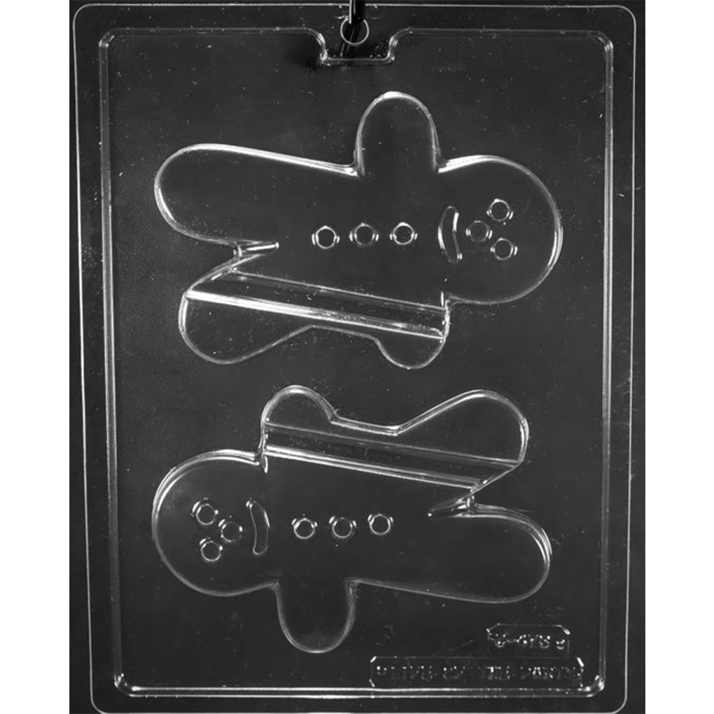 Clear two-cavity Gingerbread Man with Candy Cane Holder Chocolate Mold featuring large smiling figures with buttons and built-in candy slots