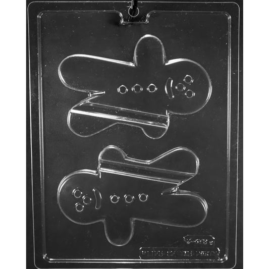 Clear two-cavity Gingerbread Man with Candy Cane Holder Chocolate Mold featuring large smiling figures with buttons and built-in candy slots