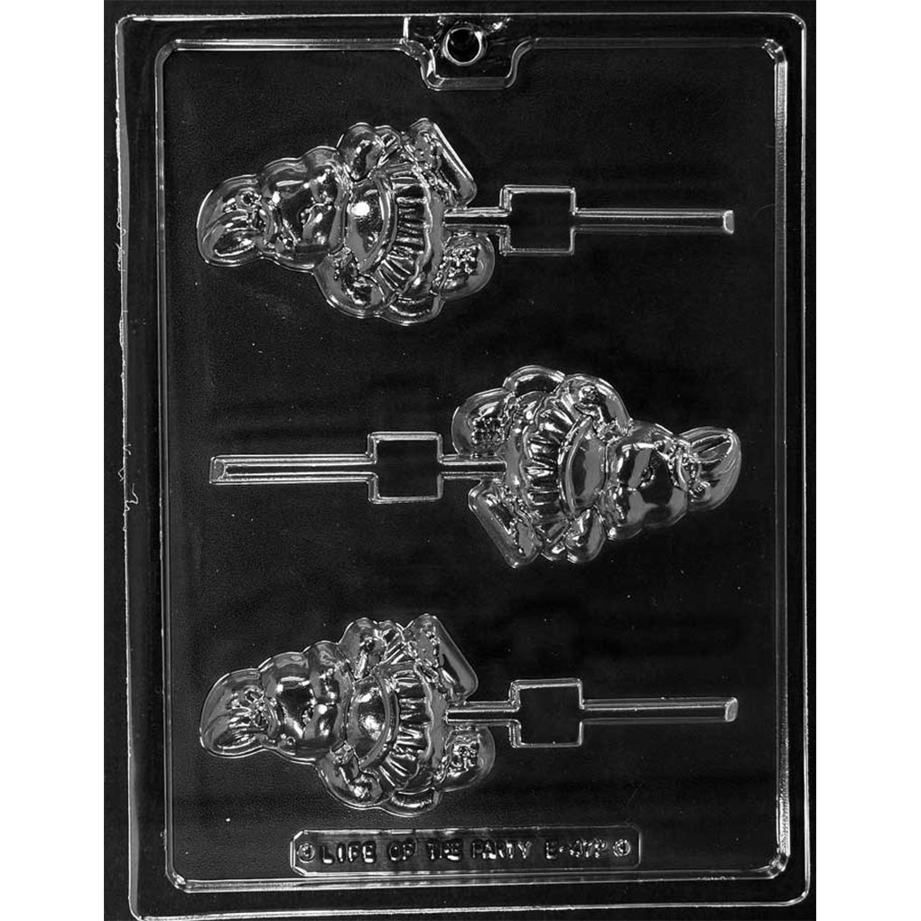 Girl bunny in dress chocolate lollipop mold with three detailed bunny cavities and built-in stick channels