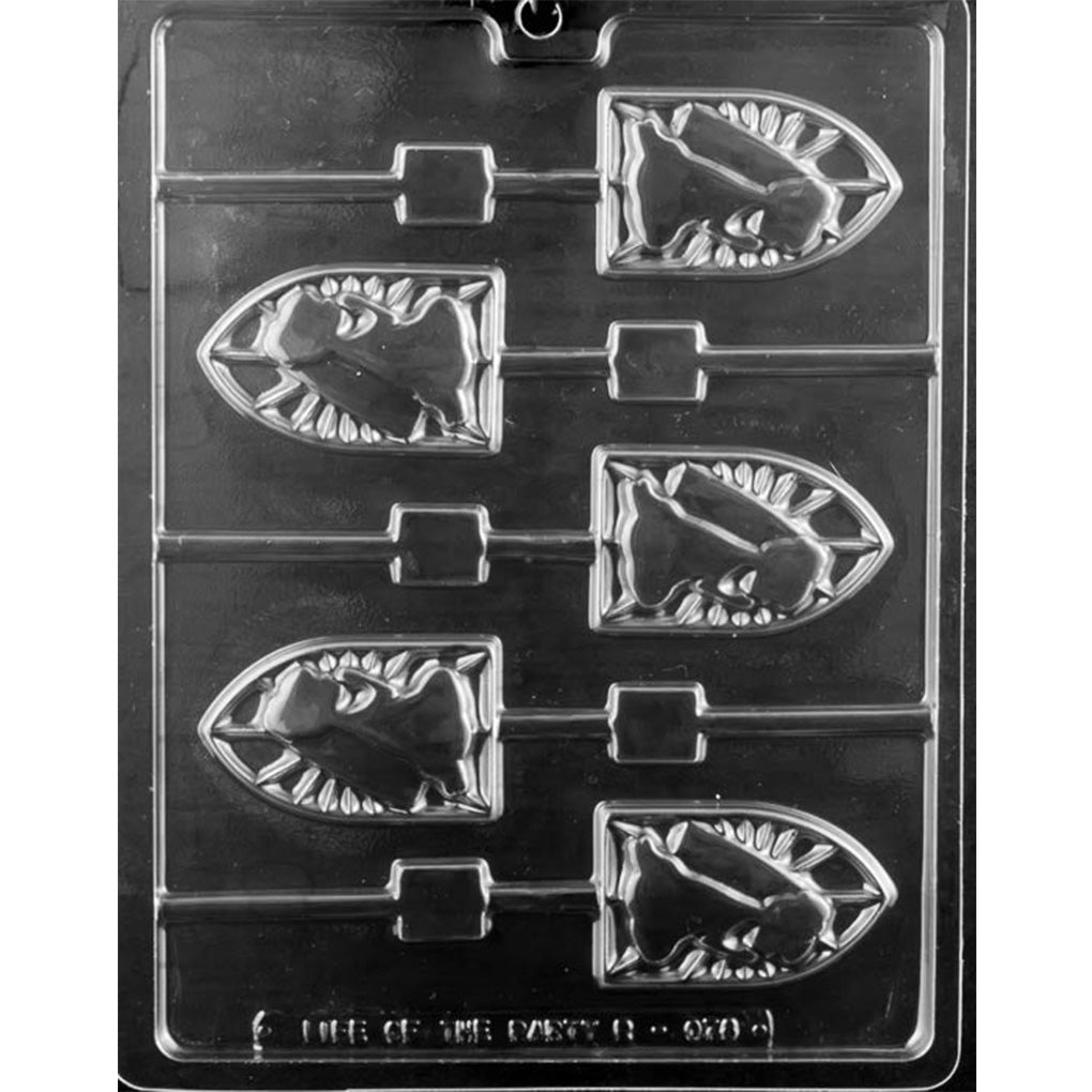 Clear chocolate lollipop mold with six pointed, arched cavities featuring a girl in a First Communion pose, each connected to a straight stick channel.