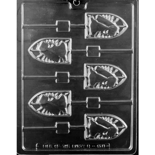 Clear chocolate lollipop mold with six pointed, arched cavities featuring a girl in a First Communion pose, each connected to a straight stick channel.