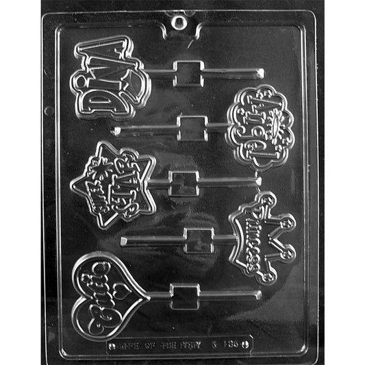 Clear plastic Girly Pops Chocolate Lollipop Mold with five cavities reading Angel, Super Star, Diva, Princess, and Pretty