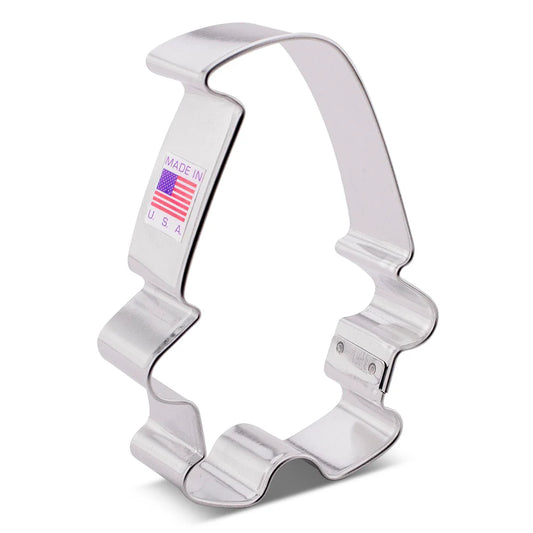 Metal gnome-shaped cookie cutter with a fluted edge and 'Made in USA' label.