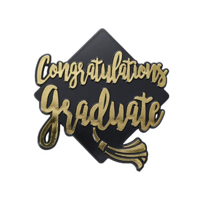Black graduation cap topper with gold “Congratulations Graduate” text and tassel.