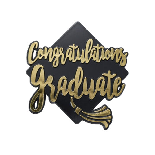Black graduation cap topper with gold “Congratulations Graduate” text and tassel.