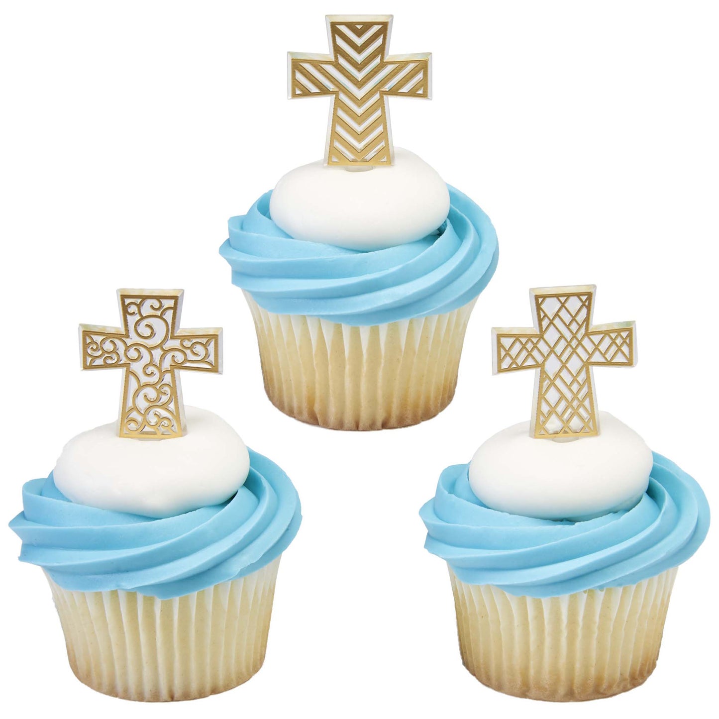 Three cupcakes with blue frosting and white centers, each decorated with a different gold cross cupcake pick in lattice, chevron, or scrolling patterns.